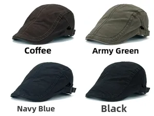 Detail view of cotton flat top caps in coffee, army green, navy, and black with side buckles