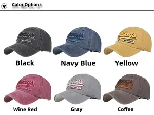 Detail view showing six vintage-style baseball caps with 3D embroidery in various colors