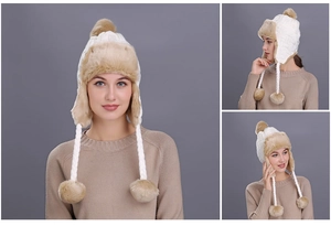 Detailed knit texture and soft faux fur lining on the winter trapper hat for women