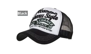 Close-up of black and white mesh baseball cap with premium letter embroidery detail