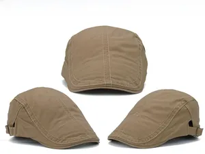 Detailed multi-angle views of khaki cotton beret cap showing fine stitching and side buckle