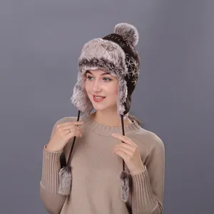 Women Winter Trapper Hat Knitted Snowflake Pattern Faux Fur Earflap Hat Warm Ushanka Pilot Hat With Pom Poms Outdoor Winter Cap