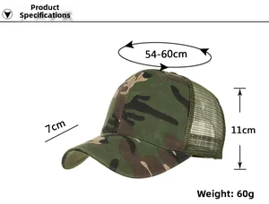 Detailed size specifications for camouflage mesh baseball cap with breathable green back