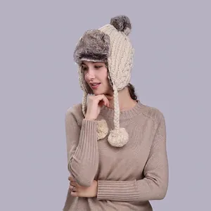 Women Winter Knitted Trapper Hat With Faux Fur Lining And Pom Poms Warm Knit Lei Feng Hat Solid Color Braid Beanie