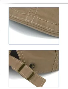 Detail view of khaki cotton beret with reinforced stitching and vintage bronze buckle