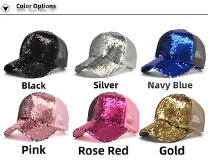 Detailed view of 6-color glitter sequins mesh baseball caps in various metallic shades