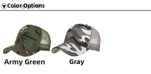 Detail view of camouflage baseball caps in army green and grey with breathable mesh