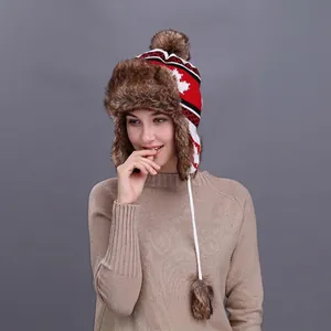 Damen Winter Strickmütze Ohrenklappen Ahornblatt Muster Webpelz Gefüttert Warmer Trappermütze Mit Pompons Outdoor Kappe