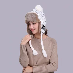 Women Winter Trapper Hat Snowflake Knit Lei Feng Hat Faux Fur Lined Earflap Hat Warm Beanie With Pom Pom And Tassels