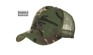 Detail of army green camouflage trucker hat featuring breathable mesh and adjustable strap
