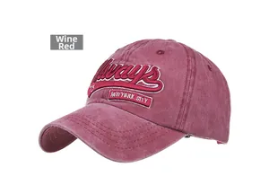 Detail of burgundy baseball cap featuring 3D Always New York City red embroidery
