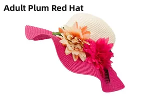 Detail view of adult rose red hand-woven straw sun hat with large floral decorations