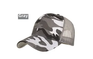 Detail of gray camouflage baseball cap showing breathable mesh back and printed fabric brim