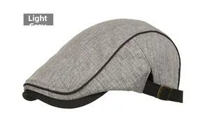 Detail of light gray beret cap featuring knitting texture and metal adjustment buckle