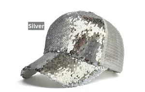 Close-up of silver sequin baseball cap with breathable mesh back and metallic shine