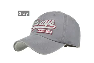 Close-up of Always New York City 3D embroidery on grey cotton twill baseball cap