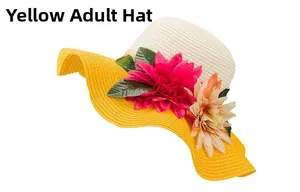 Detail of hand-woven straw beach hat with colorful artificial flowers and wavy brim design