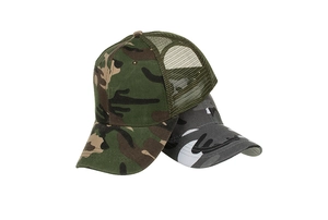 Detail of woodland and digital camo trucker hats with breathable mesh mesh back panels