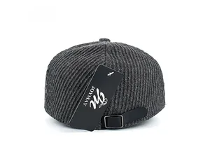 Rear view of dark grey striped knit baseball cap with leather strap and metal buckle