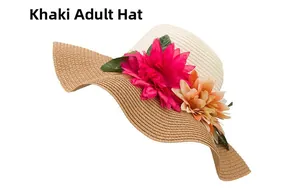 Detail of khaki adult sun hat with bicolor straw weave and vibrant floral ornaments