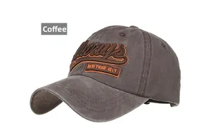Close-up of vintage coffee brown baseball cap with 3D Always New York embroidery
