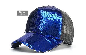 Detail view of navy blue sequin baseball cap with breathable mesh back and reflective finish