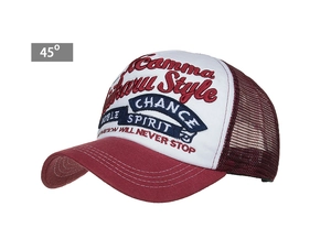 Detail of burgundy mesh trucker hat with 3D embroidery and adjustable snapback closure