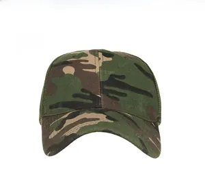 Front view of forest camouflage baseball cap with mesh back and curved brim