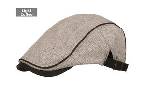 Detail of light coffee men's ivy cap with woven texture and adjustable metal buckle strap