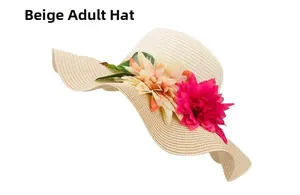 Detail of beige hand-woven straw hat with large orange and rose pink silk flowers