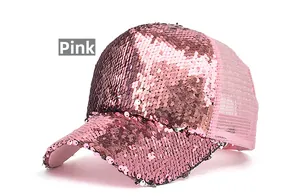 Detail of pink baseball cap featuring shiny sequins and breathable mesh back panels