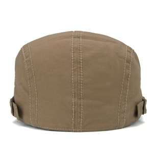 Men's khaki cotton flat cap shown from back with adjustable side straps and fine stitching