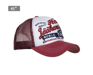 Detail of multi-layered embroidery and breathable burgundy mesh on a baseball cap