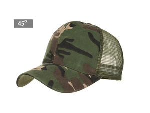 Detail view of camouflage baseball cap with breathable mesh back and adjustable fit