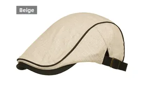 Detail view of beige casual duckbill cap with woven texture and adjustable metal buckle