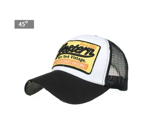 Detail view of the mesh trucker hat with vintage Western embroidery and distressed brim