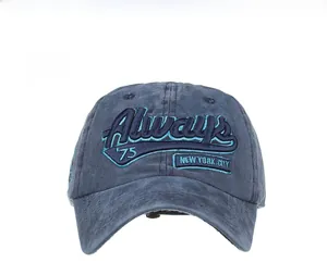 Front macro detail of vintage wash cotton baseball cap with 3D embroidery and NY text