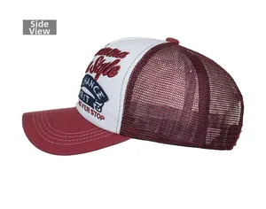 Side view of white and red trucker hat featuring 3D letter embroidery and mesh back