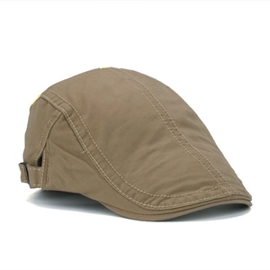 Classic dark khaki men's flat cap with adjustable side metal buckle in cotton canvas