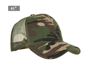 Side view showing camouflage pattern and breathable mesh texture of the trucker hat