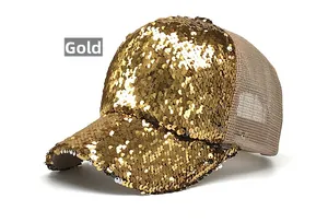 Detailed side view of a gold sequin baseball cap featuring breathable mesh back panels