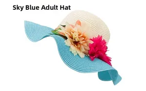 Detail view of sky blue adult sun hat with handwoven straw texture and floral decor