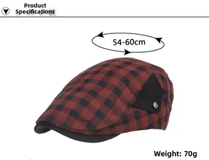 Détail de la casquette Gavroche à carreaux rouge et noir avec taille 54-60cm et 70g
