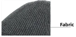 Detailed view of dark grey vertical ribbed wool knit fabric on this casual peak cap