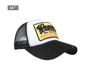 Detail of vintage trucker hat featuring yellow embroidery patch and black mesh texture