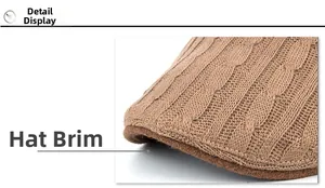 Detail view of the camel knit visor with thick cable patterns and soft inner lining