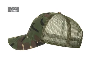 Side view of men's camouflage trucker hat with breathable green mesh and curved brim