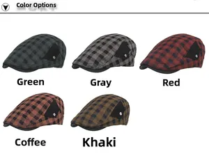 Détails des casquettes gavroche à carreaux en vert, gris, rouge, café et kaki