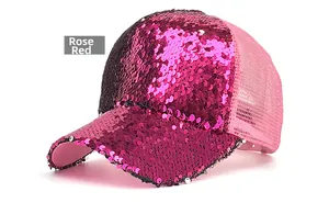 Close-up of rose red sequin baseball cap with breathable mesh back and curved brim