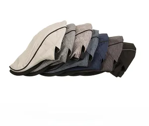 Detail view of cotton-linen casual berets in six different colors with textured fabric